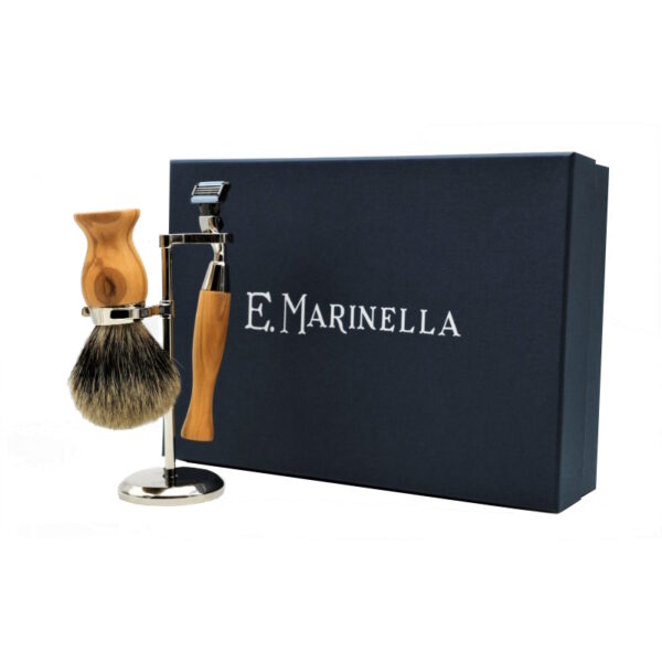 E. Marinella ACCESSORI BARBA Set Supporto+Pennello+Rasoio legno Ulivo